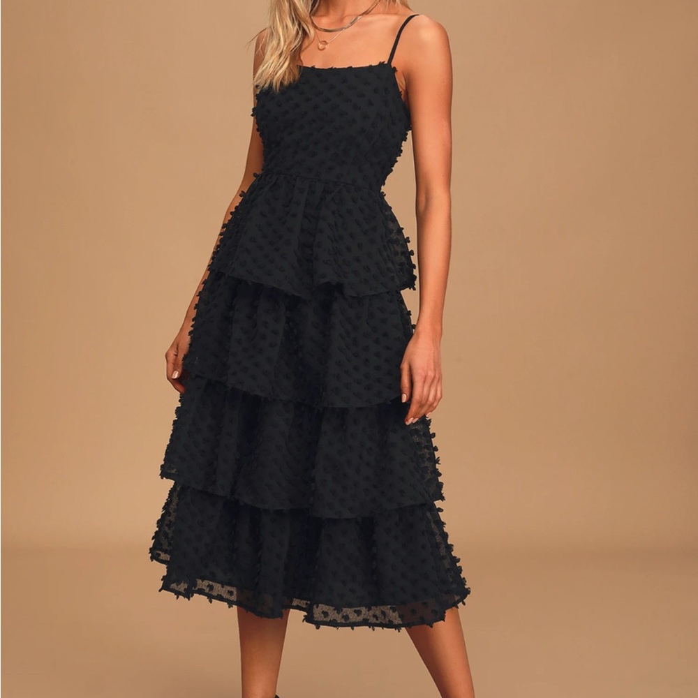 LuLus Flirting with You Black Tiered Pom Pom Midi Dress Size Large, Fit & Flare